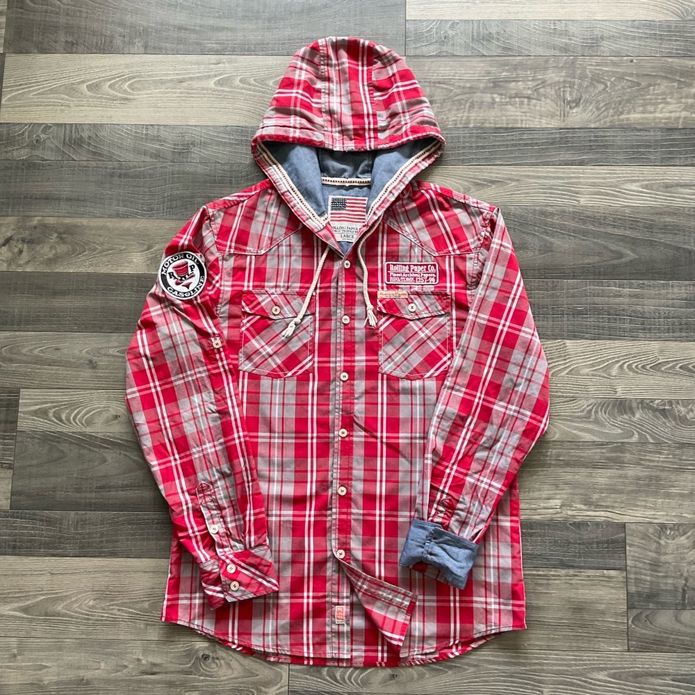 Rolling Paper Co Button Front Hooded Shirt Men's LARGE Red Grey White Plaid